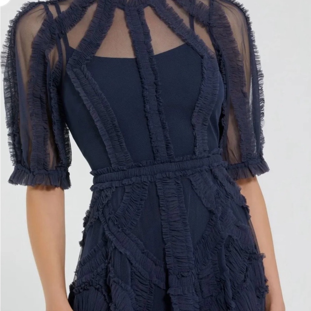 Mac Duggal Elegant Navy Textured Midi Dress - Picture 3 of 11